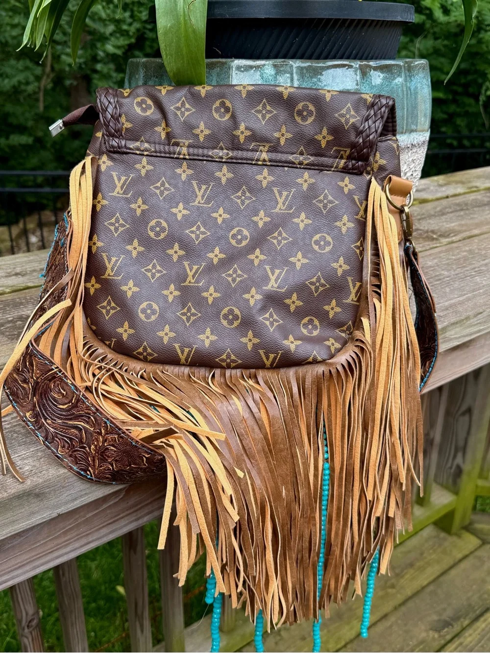 Monogram Fringe Shoulder Bag with Turquoise Accent - Picture 3 of 5